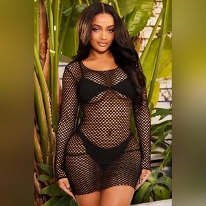 Beach What Fishnet Cover Up Dress - Black - Size L